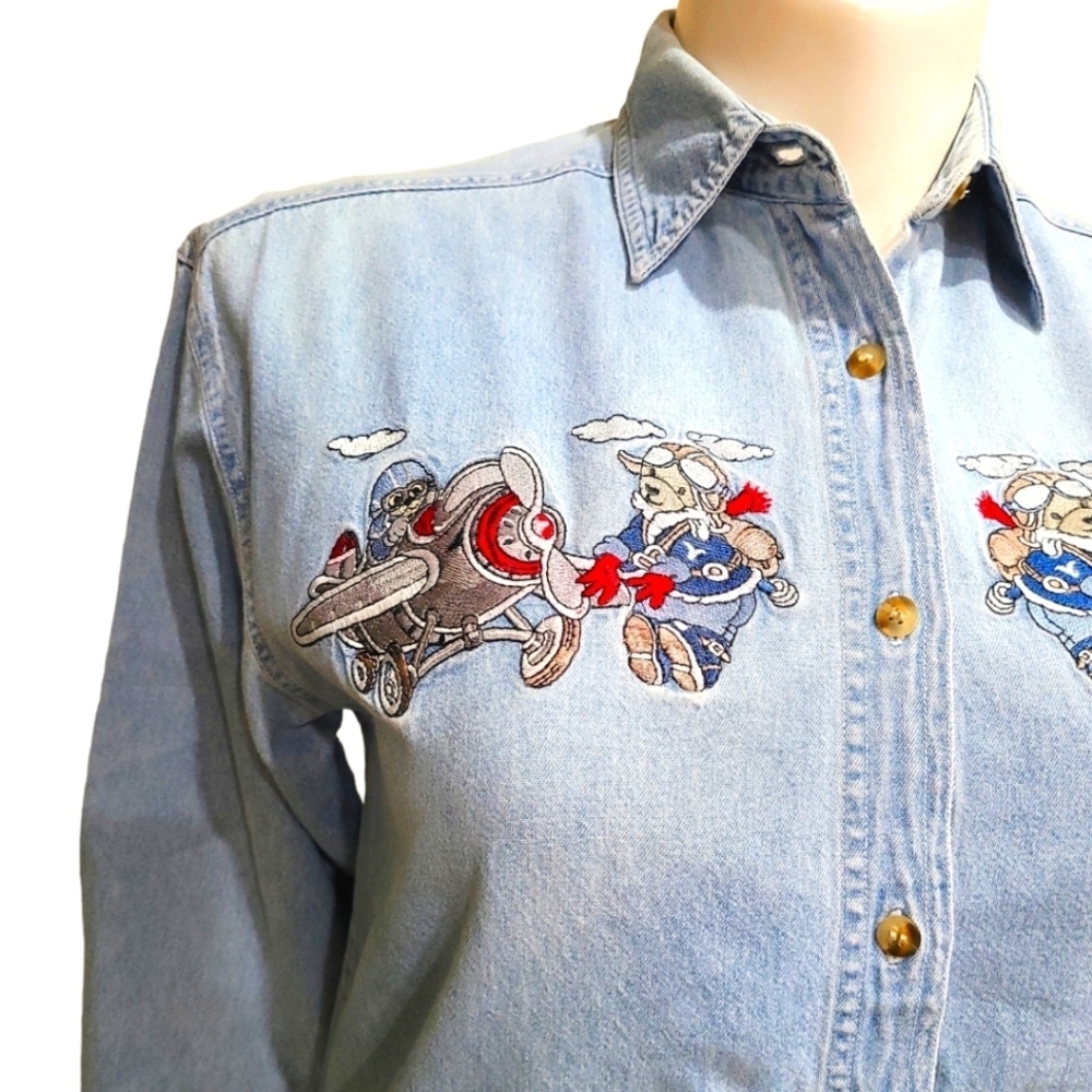 Lets Quizz Again New York Denim Long Sleeve Embroidered Flying Bear Women's Sz S - Picture 5 of 9